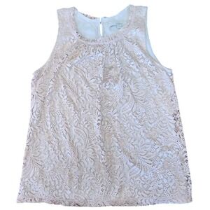 LOFT Lace Overlay Tank Top Blush Pink Sleeveless Keyhole Back Size SP  B40
